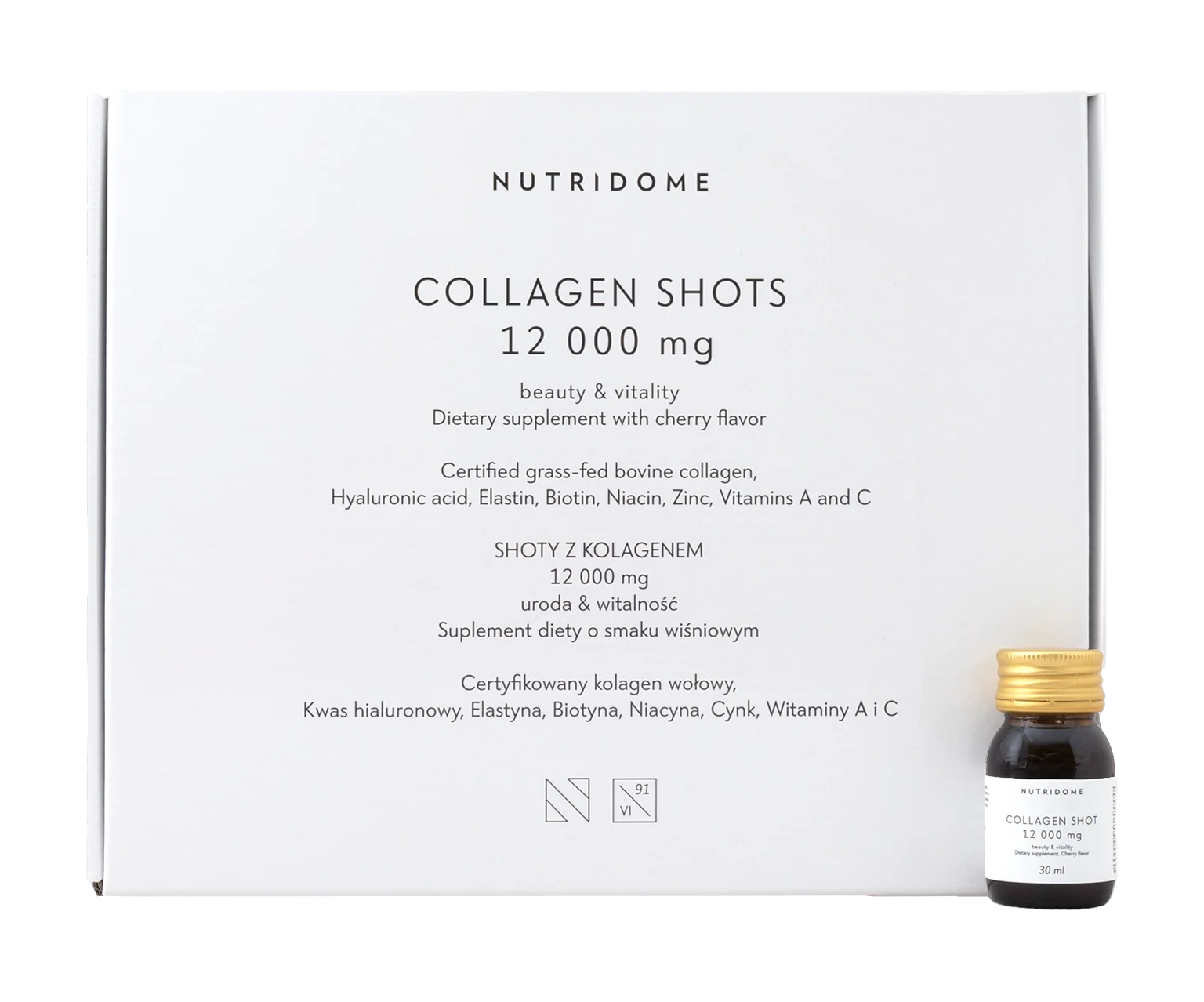 Nutridome, Kolagenowe shoty w płynie, 12 000 mg z witaminami, suplement diety, 30 × 30 ml