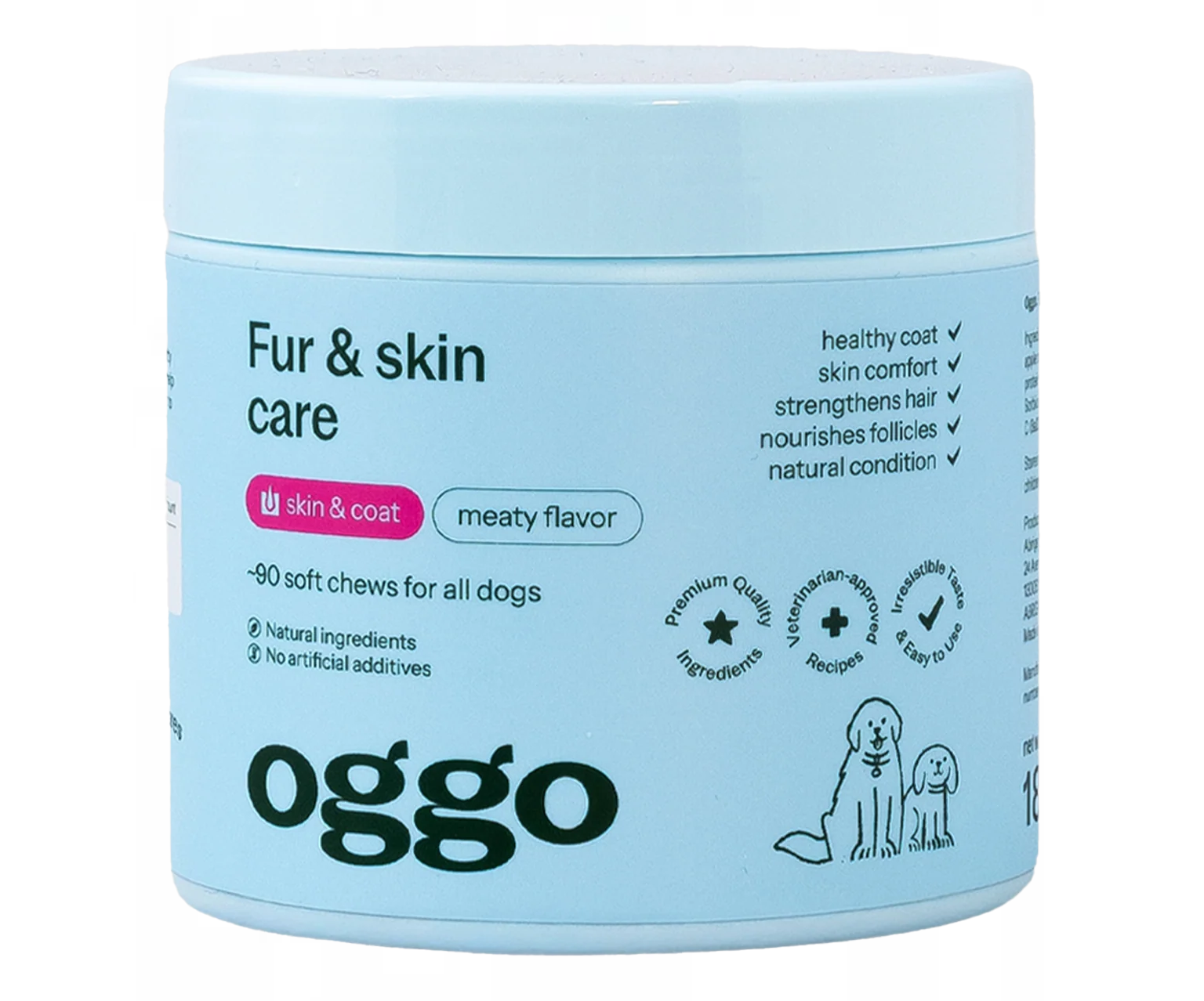 Oggo, Fur & Skin karma uzupełniająca dla psów na piękną sierść i zdrową skórę, Smaczki na skórę i sierść dla psów