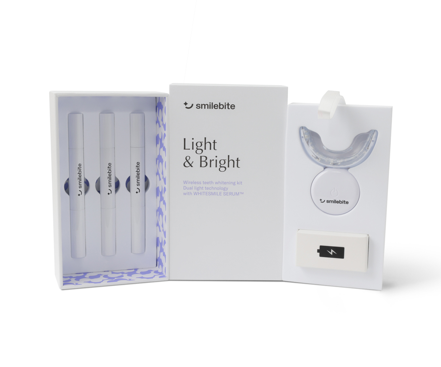 Smilebite, Light & Bright, Zestaw do wybielania zębów z nakładką LED i żelem wybielającym